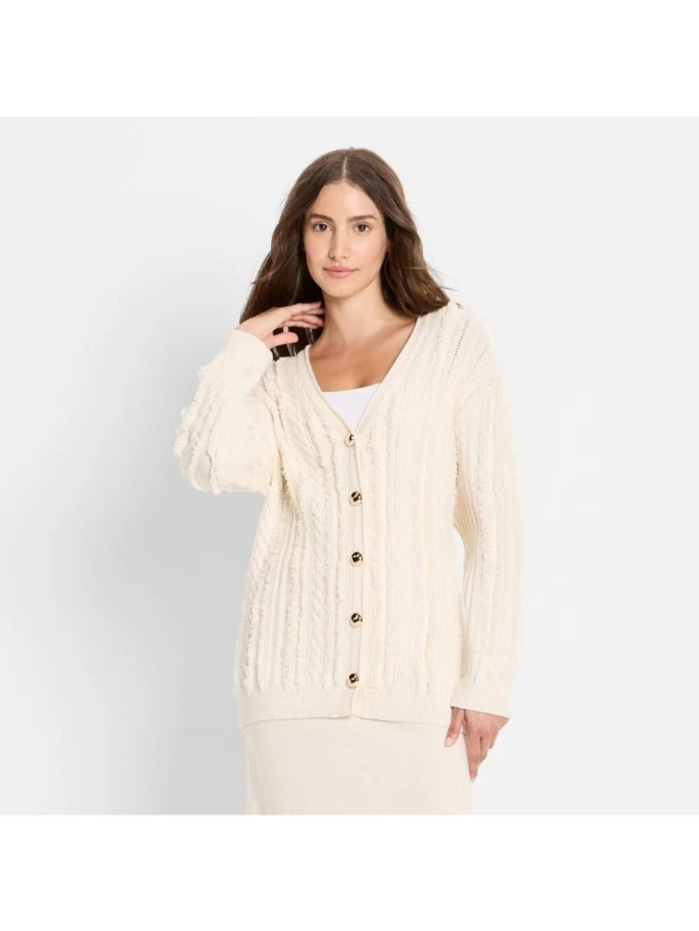 Future Collective Relaxed Fit & Gold Button Accent Cream Cardigan Sweater -- XS